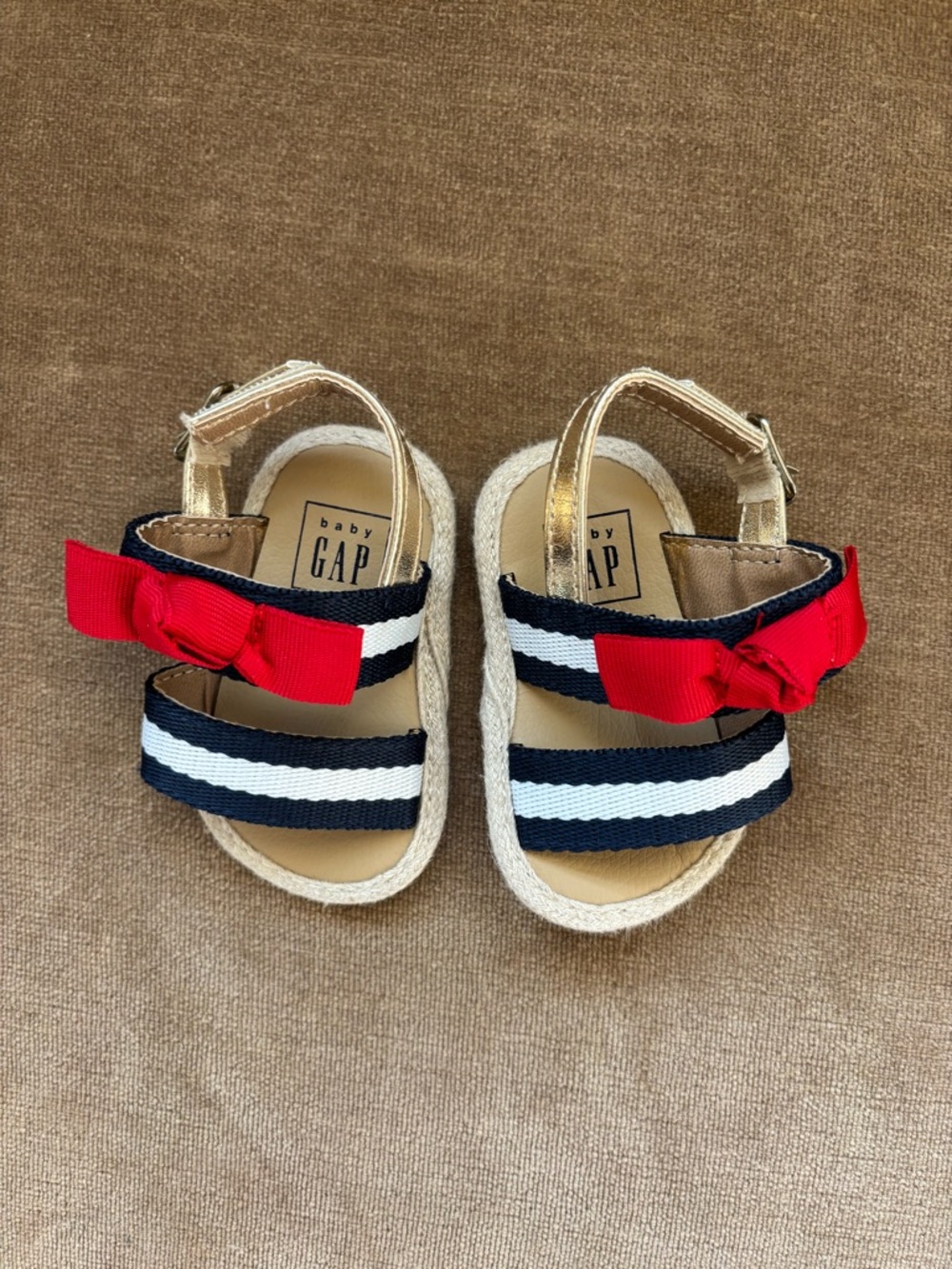 GAP Infant Navy & White Stripe Sandals with Red Bow- 0-3 months